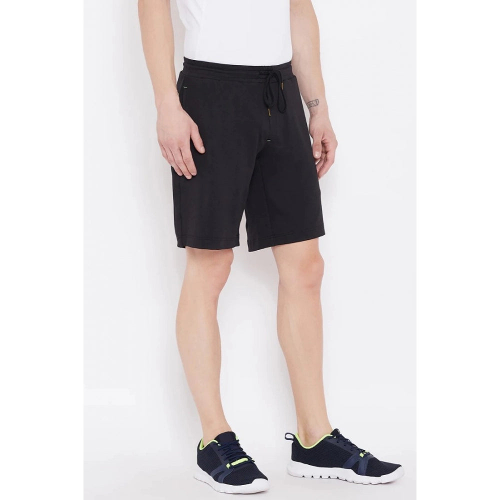 Men's Solid Polyester Knee Length Shorts (Black) - GillKart