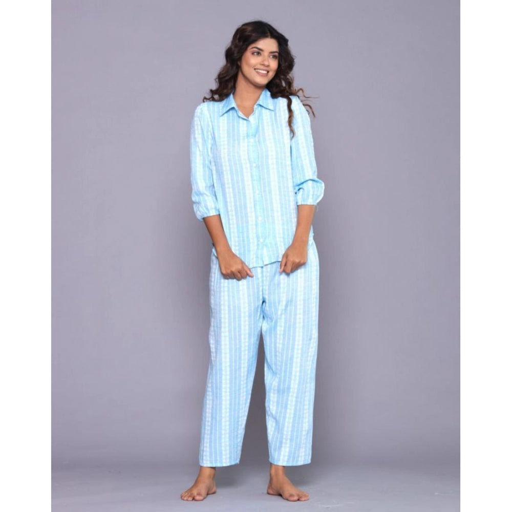 Women's Casual Cotton 3-4th Sleeve Full Night Suit Set (Aqua) - GillKart