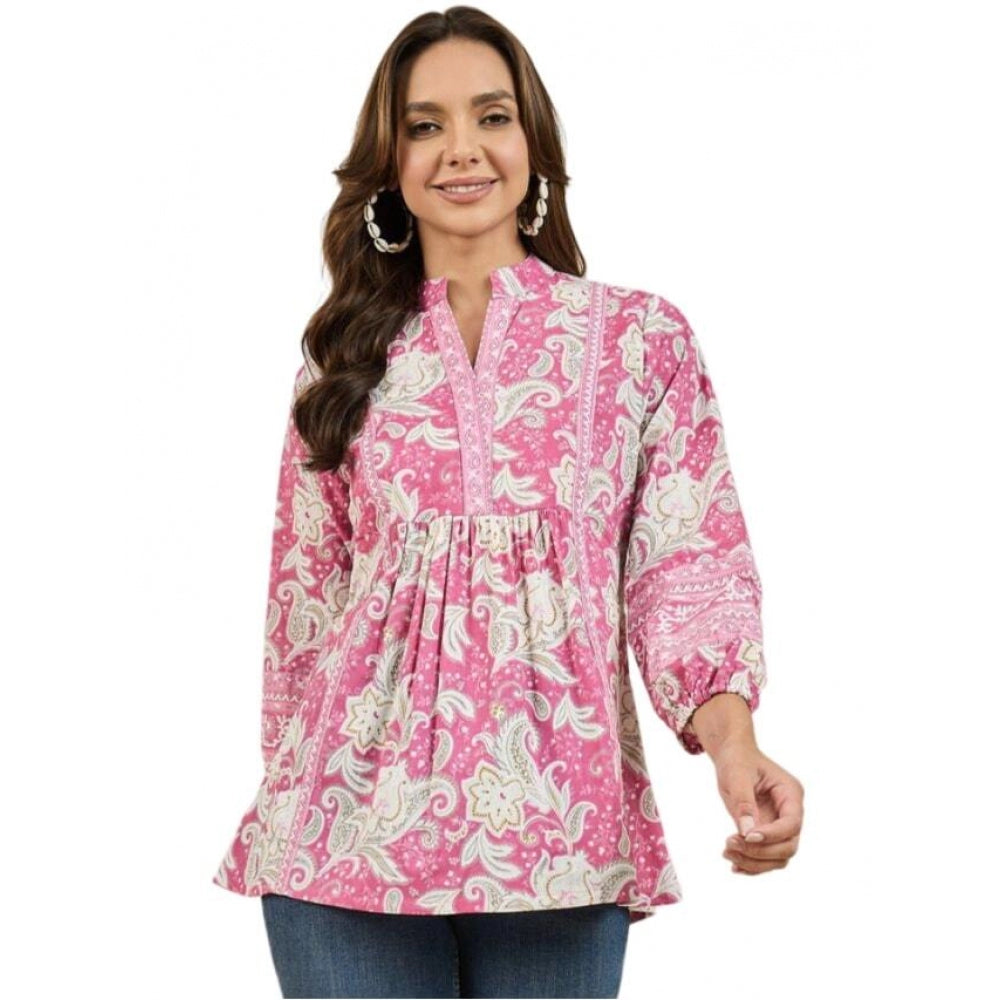 Women's Casual Cotton Floral Printed 3-4th Sleeve Western Wear Top (Pink) - GillKart