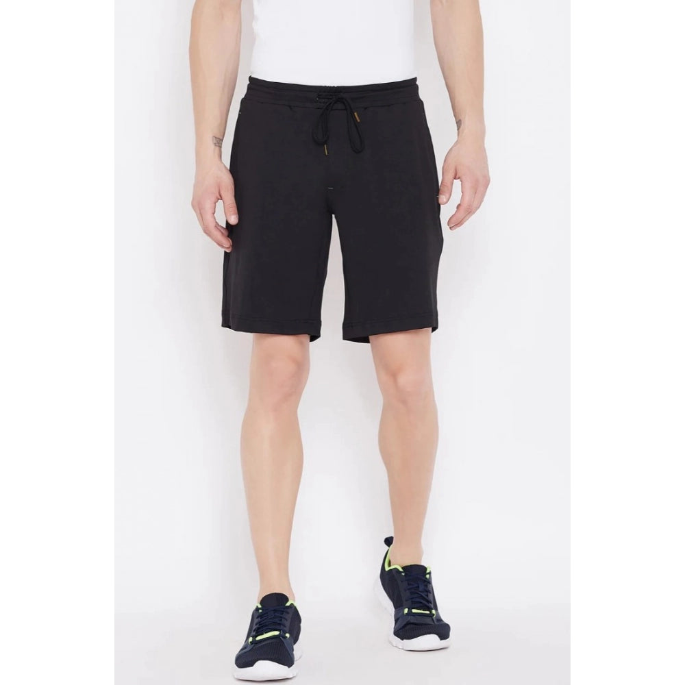 Men's Solid Polyester Knee Length Shorts (Black) - GillKart