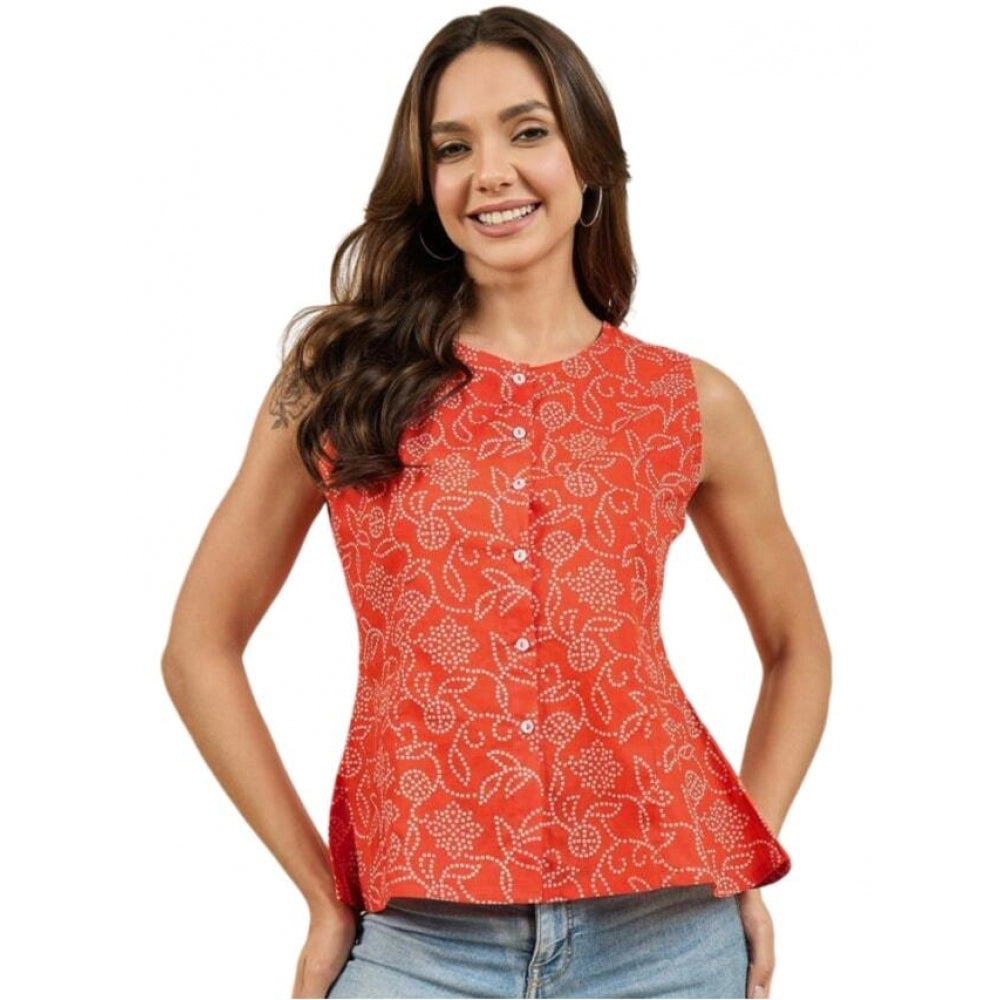 Women's Casual Cotton Self Design Sleeveless Western Wear Top (Orange) - GillKart