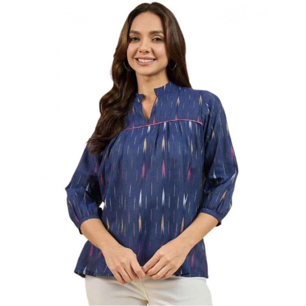 Women's Casual Cotton Self Design 3-4th Sleeve Western Wear Top (Blue) - GillKart