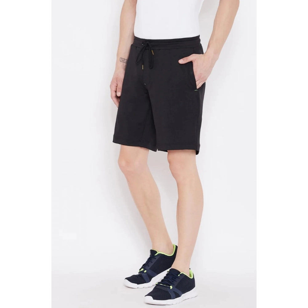 Men's Solid Polyester Knee Length Shorts (Black) - GillKart