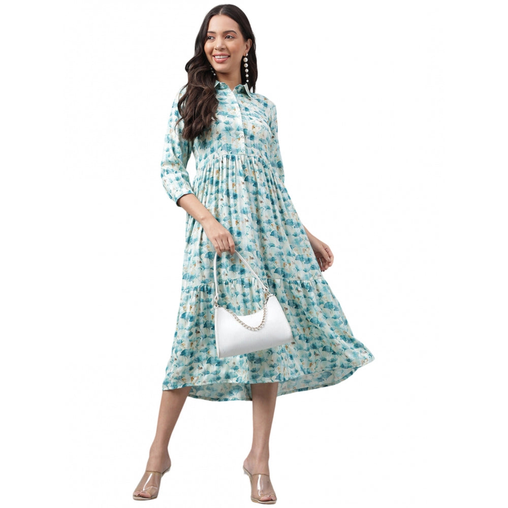 Women's Casual 3-4th Sleeve Printed Georgette Gown (Blue) - GillKart