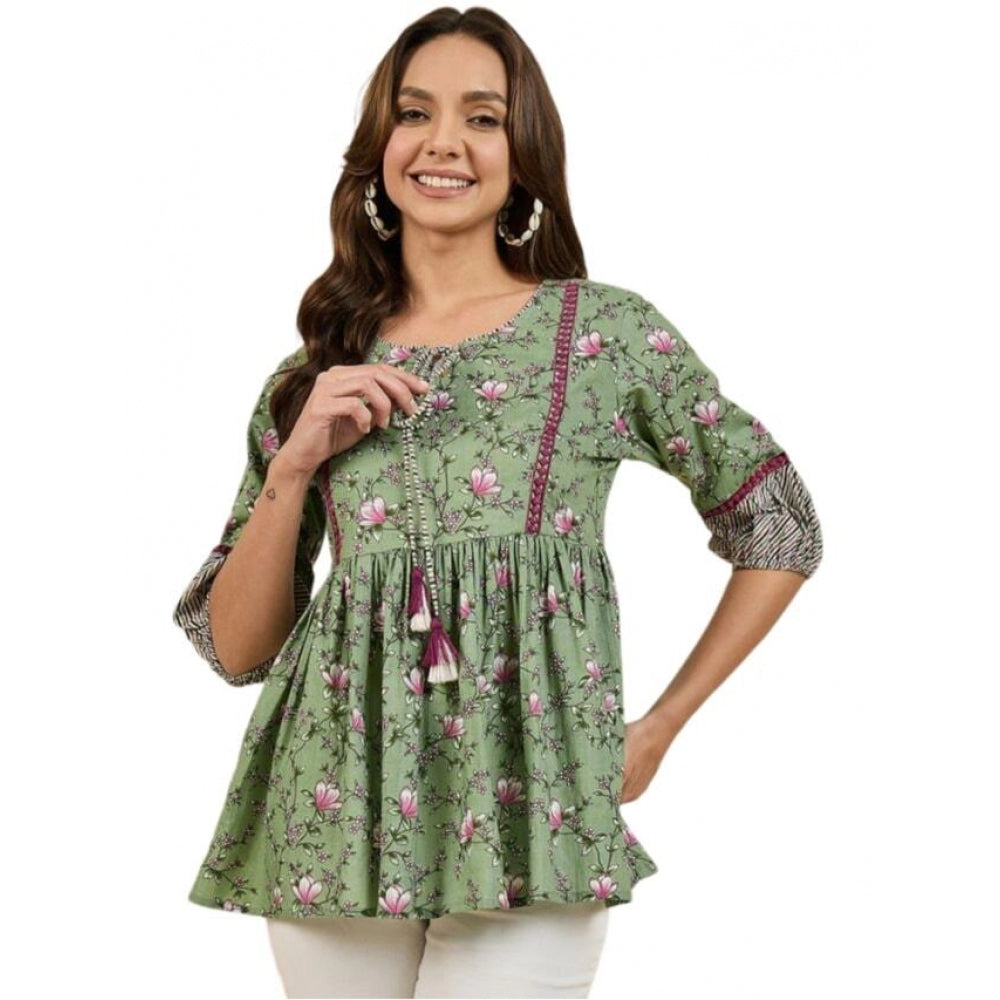 Women's Casual Cotton Floral Printed 3-4th Sleeve Western Wear Top (Green) - GillKart