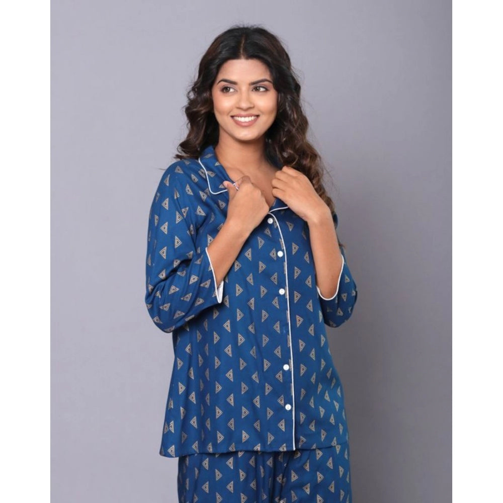 Women's Casual Rayon 3-4th Sleeve Night Suit Set (Blue) - GillKart