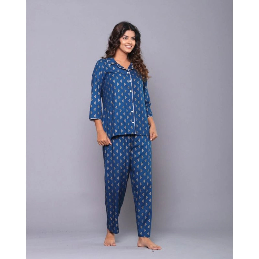 Women's Casual Rayon 3-4th Sleeve Night Suit Set (Blue) - GillKart