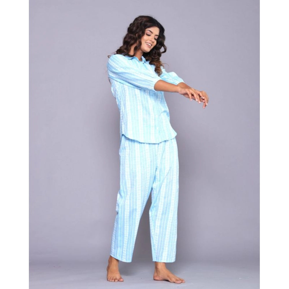 Women's Casual Cotton 3-4th Sleeve Full Night Suit Set (Aqua) - GillKart