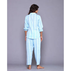 Women's Casual Cotton 3-4th Sleeve Full Night Suit Set (Aqua) - GillKart