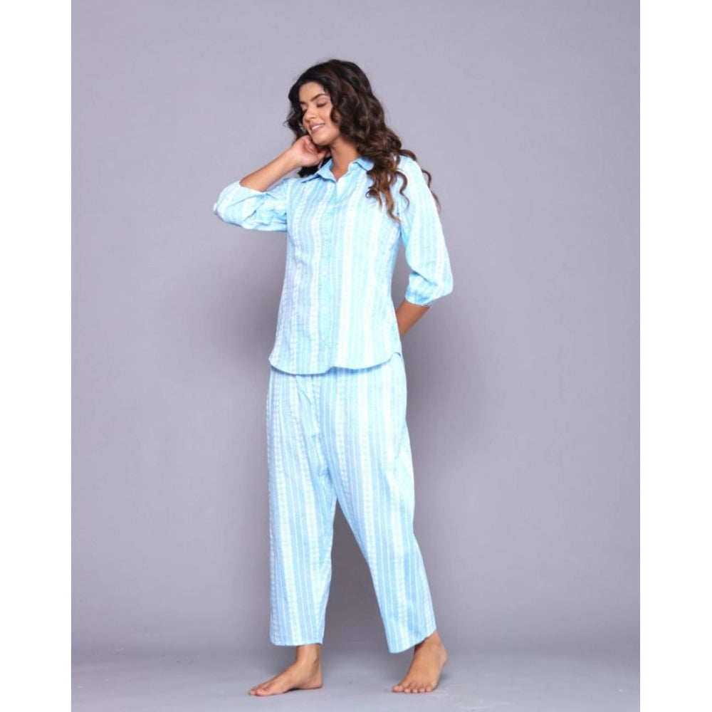 Women's Casual Cotton 3-4th Sleeve Full Night Suit Set (Aqua) - GillKart