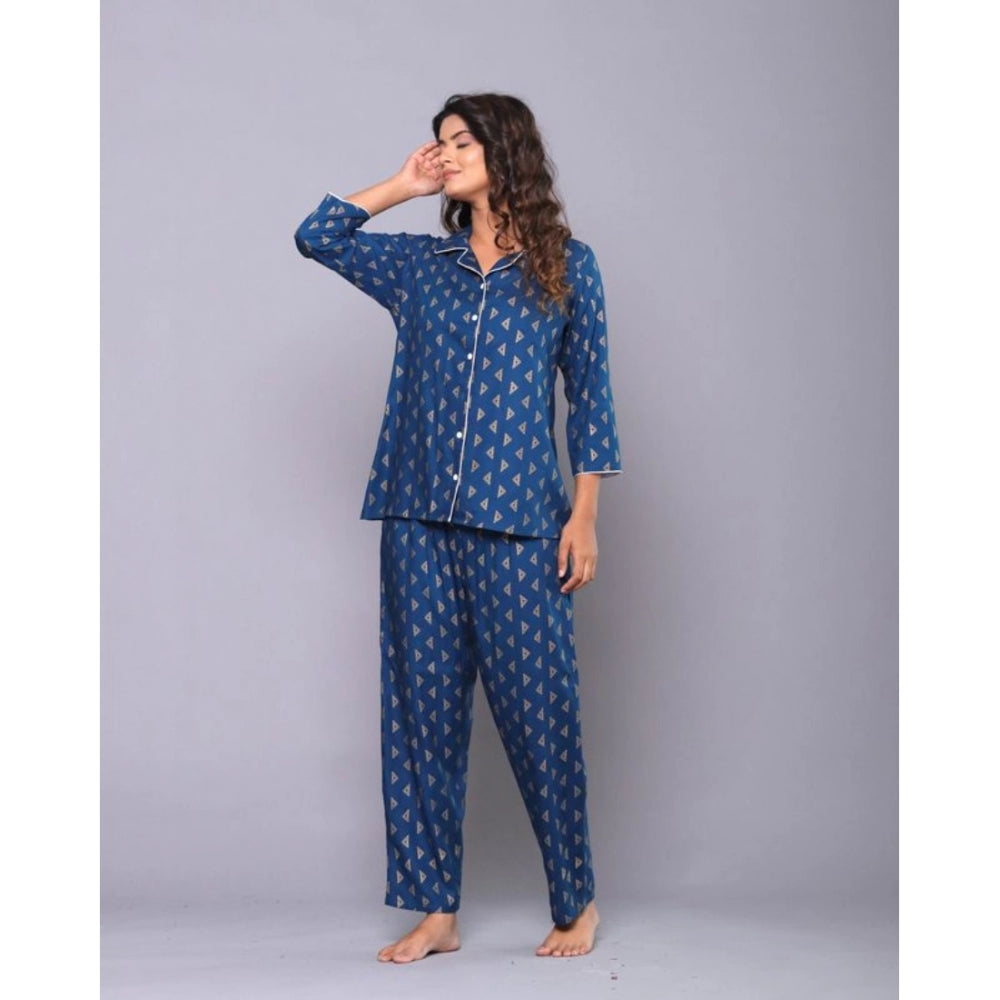 Women's Casual Rayon 3-4th Sleeve Night Suit Set (Blue) - GillKart