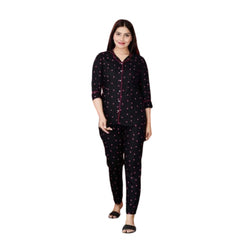 Women's Casual Rayon 3-4th Sleeve Night Suit Set (Black) - GillKart