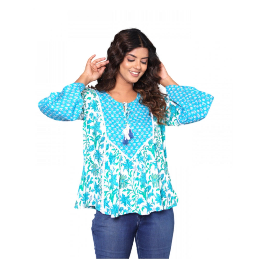 Women's Casual Rayon 3-4th Sleeve Top (Blue) - GillKart