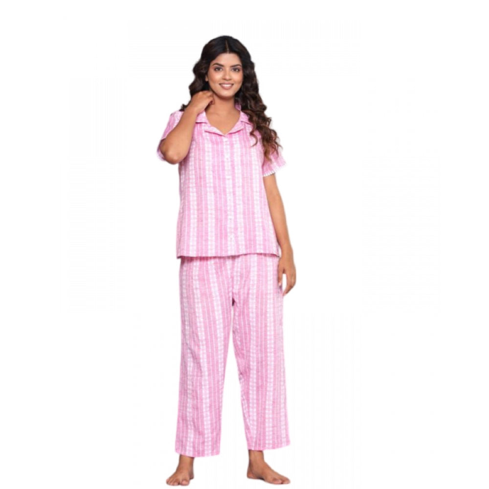 Women's Casual Cotton Short Sleeve Full Night Suit Set (Pink) - GillKart