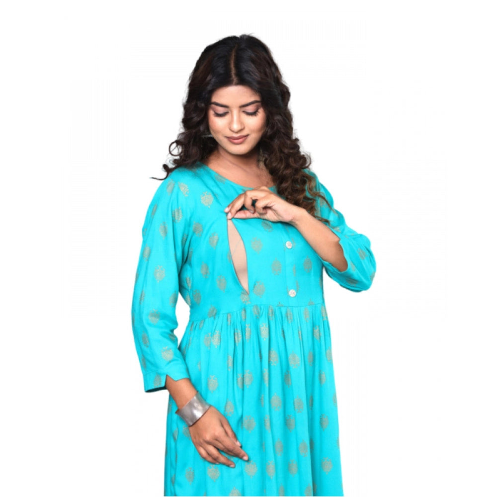 Women's Casual Viscose Rayon 3-4th Sleeve Maternity Kurti (Aqua Blue) - GillKart