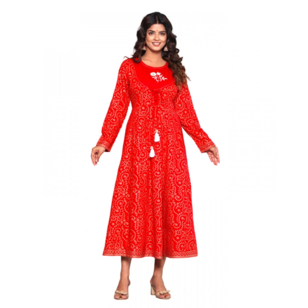 Women's Casual Viscose Rayon 3-4th Sleeve A-line Gown (Red) - GillKart