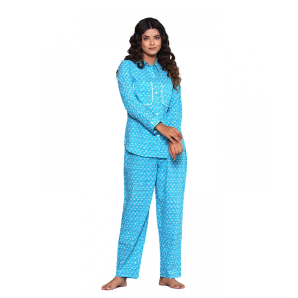 Women's Casual Rayon 3-4th Sleeve Night Suit Set (Blue) - GillKart