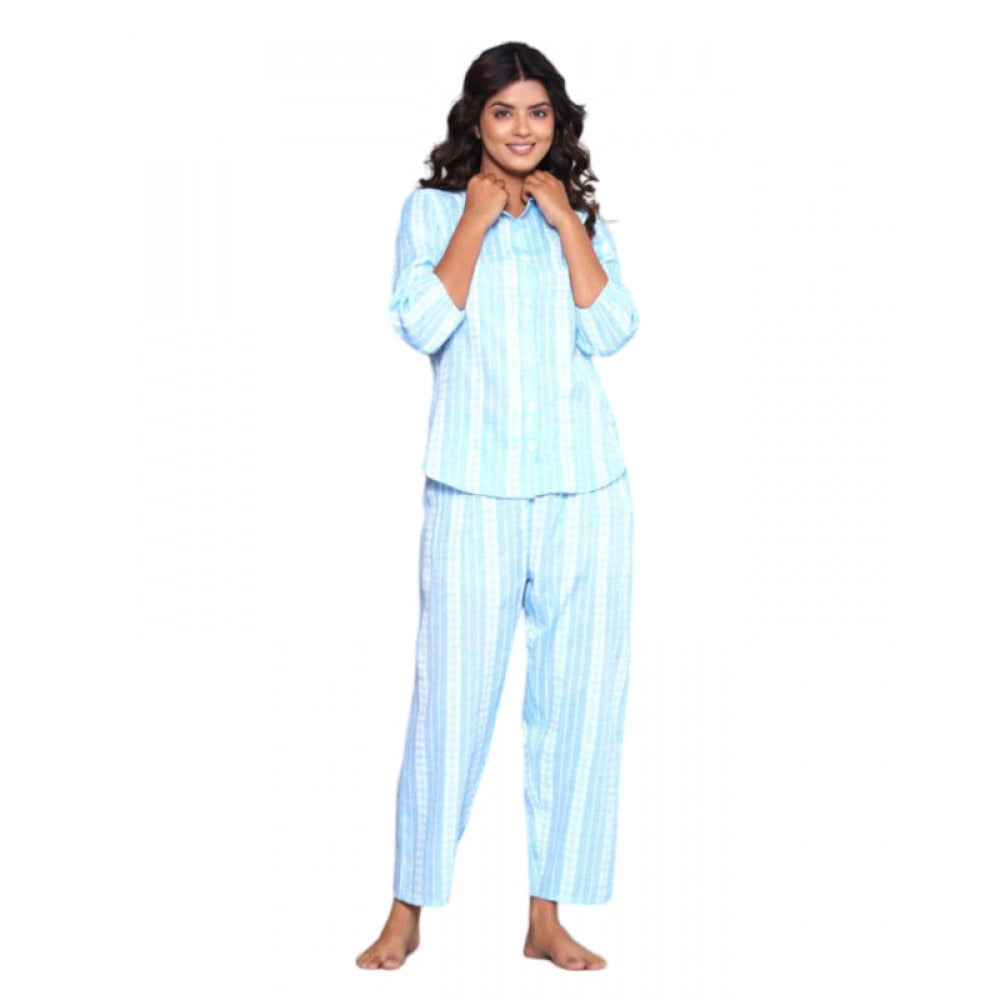 Women's Casual Cotton 3-4th Sleeve Full Night Suit Set (Aqua) - GillKart