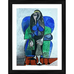 Seated Woman with Green Shawl 1960 Painting With Wood Photo Frame (Multicolor) - GillKart