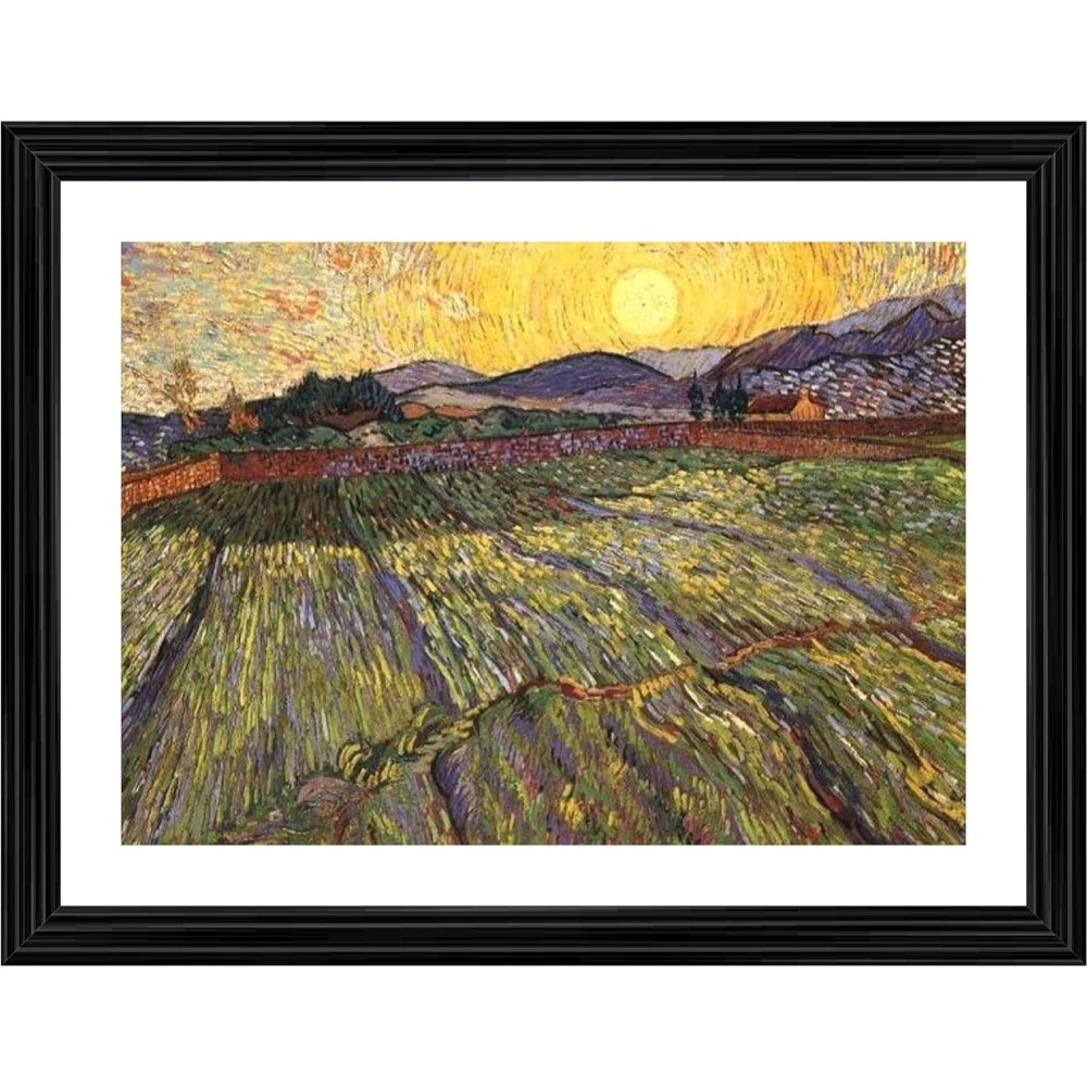 Wheat Field With Rising Sun 1889 Painting With Wood Photo Frame (Multicolor) - GillKart