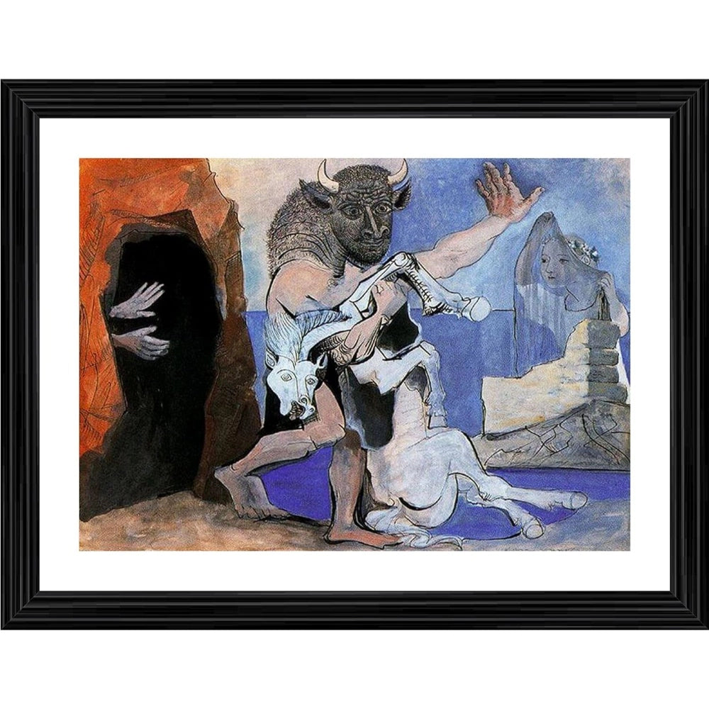 Minotaur with Dead Mare in front of a Cave 1936 Painting With Wood Photo Frame (Multicolor) - GillKart