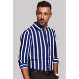 Men's Cotton Blended Striped Full Sleeve Shirt (White-Blue) - GillKart