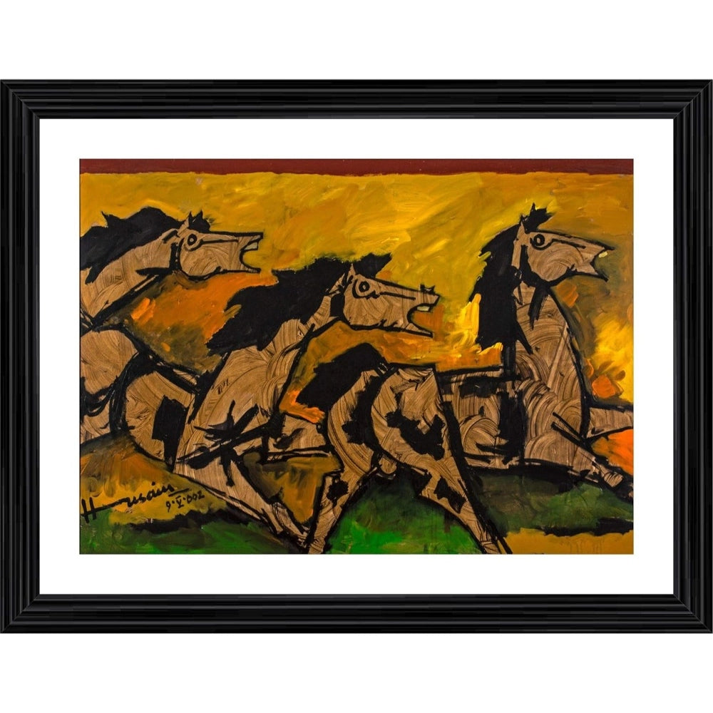 Three Horses Painting With Wood Photo Frame (Multicolor) - GillKart