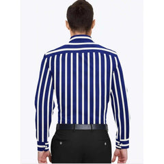 Men's Cotton Blended Striped Full Sleeve Shirt (White-Blue)