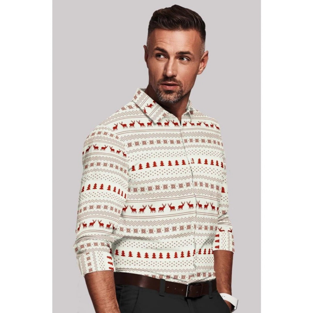 Men's Cotton Blended Printed Full Sleeve Shirt (White-Red) - GillKart