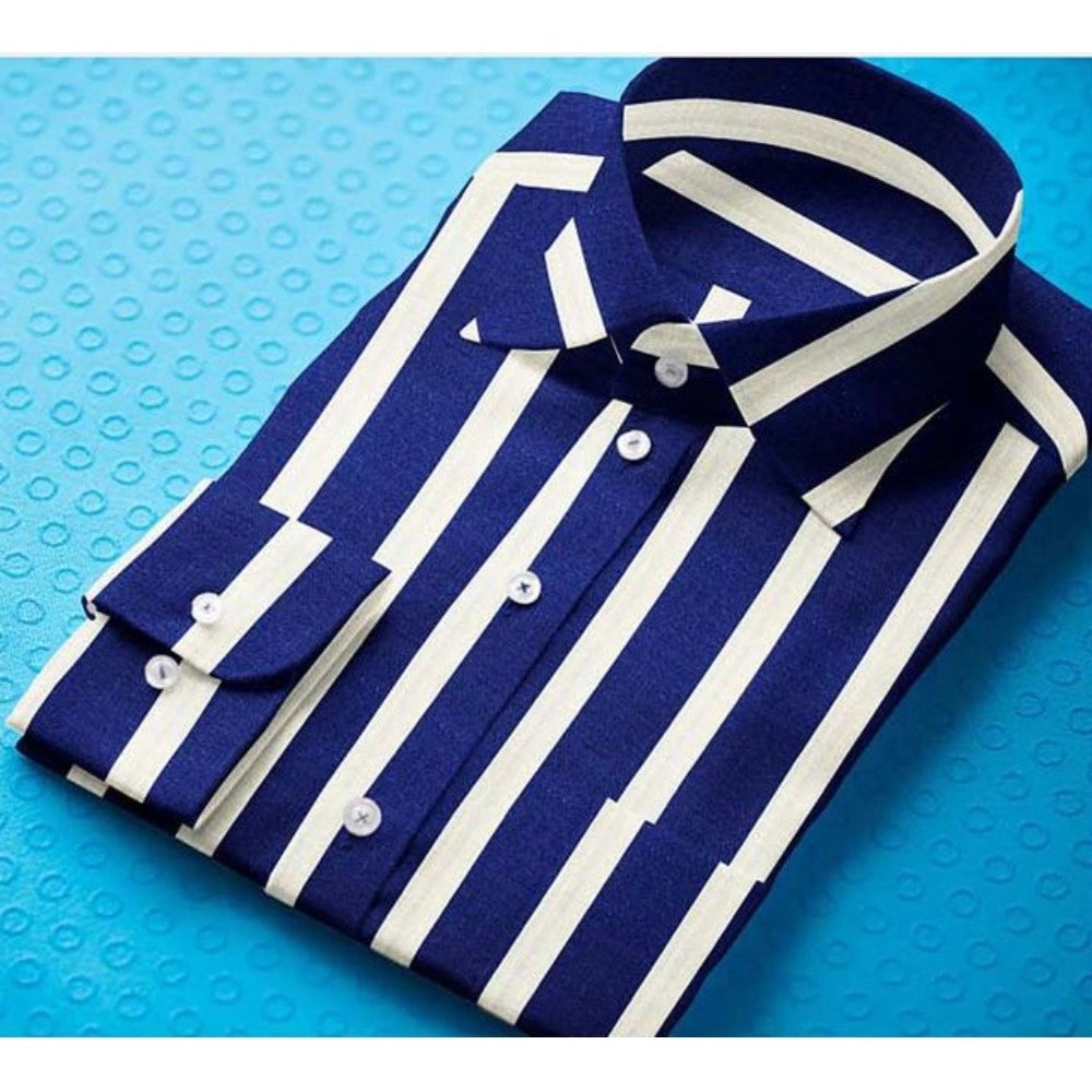 Men's Cotton Blended Striped Full Sleeve Shirt (White-Blue)