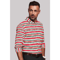 Men's Cotton Blended Striped Full Sleeve Shirt (Red-White) - GillKart