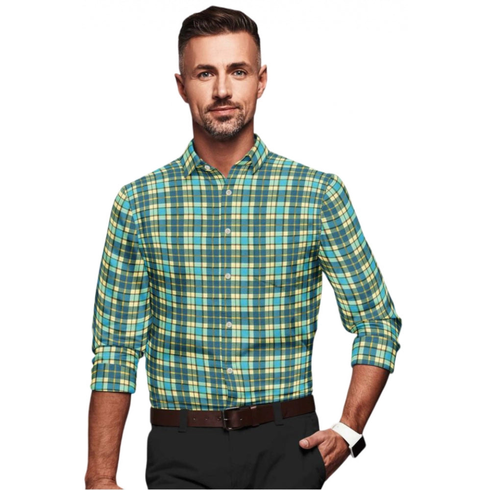 Men's Cotton Blended Checked Full Sleeve Shirt (Green-Yellow) - GillKart