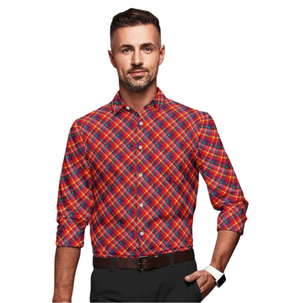 Men's Cotton Blended Checked Full Sleeve Shirt (Red) - GillKart