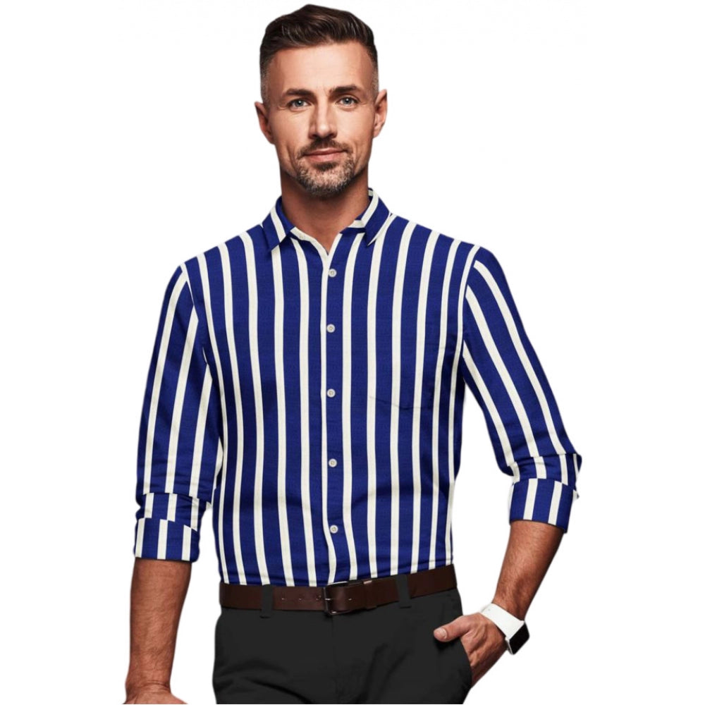 Men's Cotton Blended Striped Full Sleeve Shirt (White-Blue) - GillKart