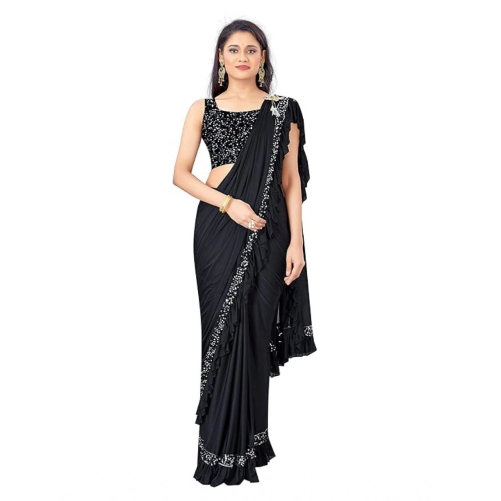 Women's Lycra Solid Saree With Unstitched Blouse (Black, 5.5 Mtr) - GillKart