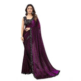 Women's Lycra Floral Saree With Unstitched Blouse (Wine, 5.5 Mtr) - GillKart