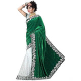 Women's Velvet Embroidered Saree With Unstitched Blouse (Green, 5.5 Mtr) - GillKart