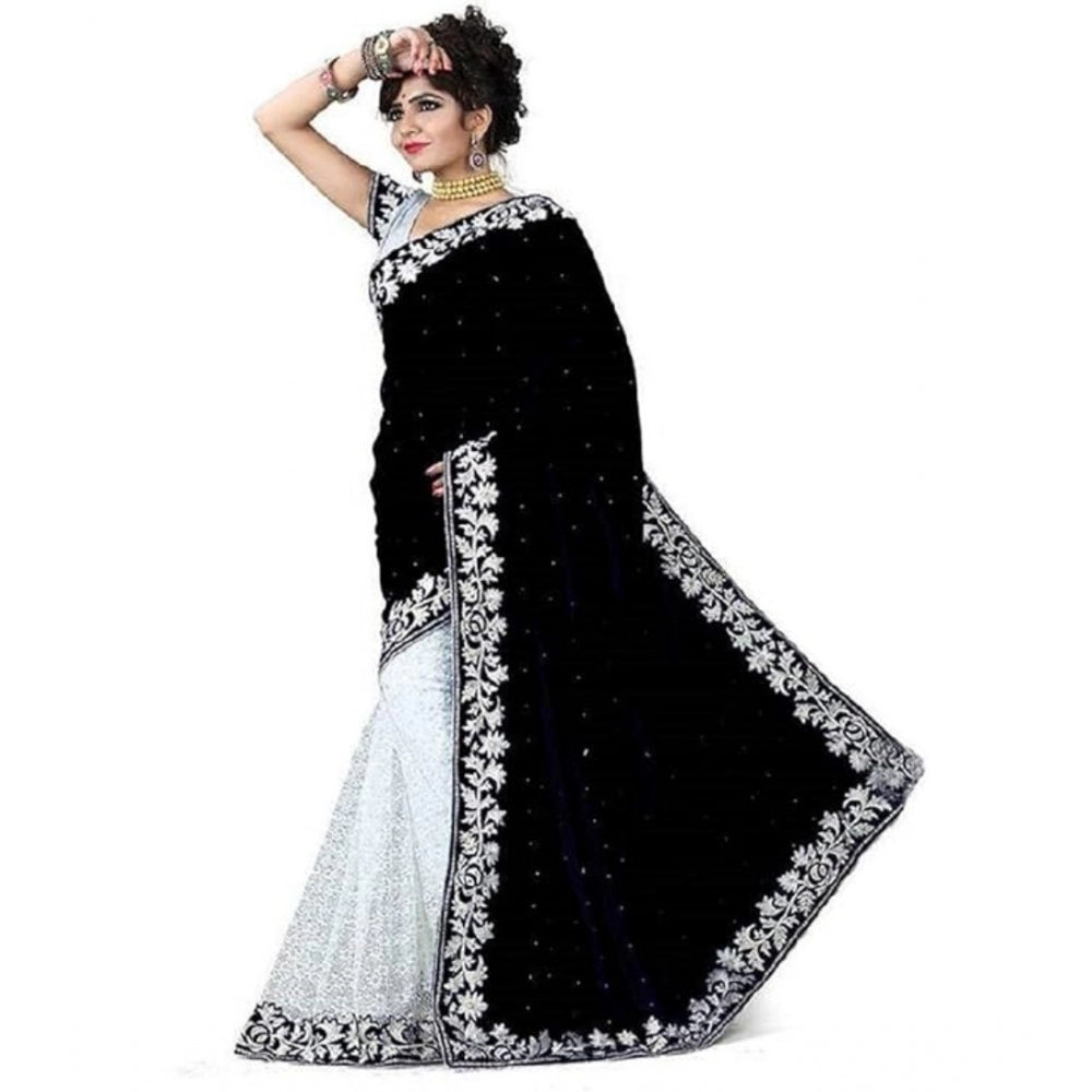 Women's Velvet Embroidered Saree With Unstitched Blouse (Black, 5.5 Mtr) - GillKart