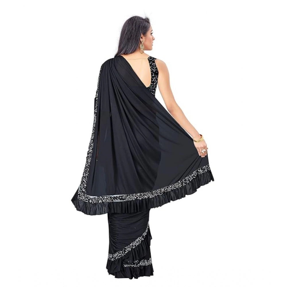 Women's Lycra Solid Saree With Unstitched Blouse (Black, 5.5 Mtr) - GillKart