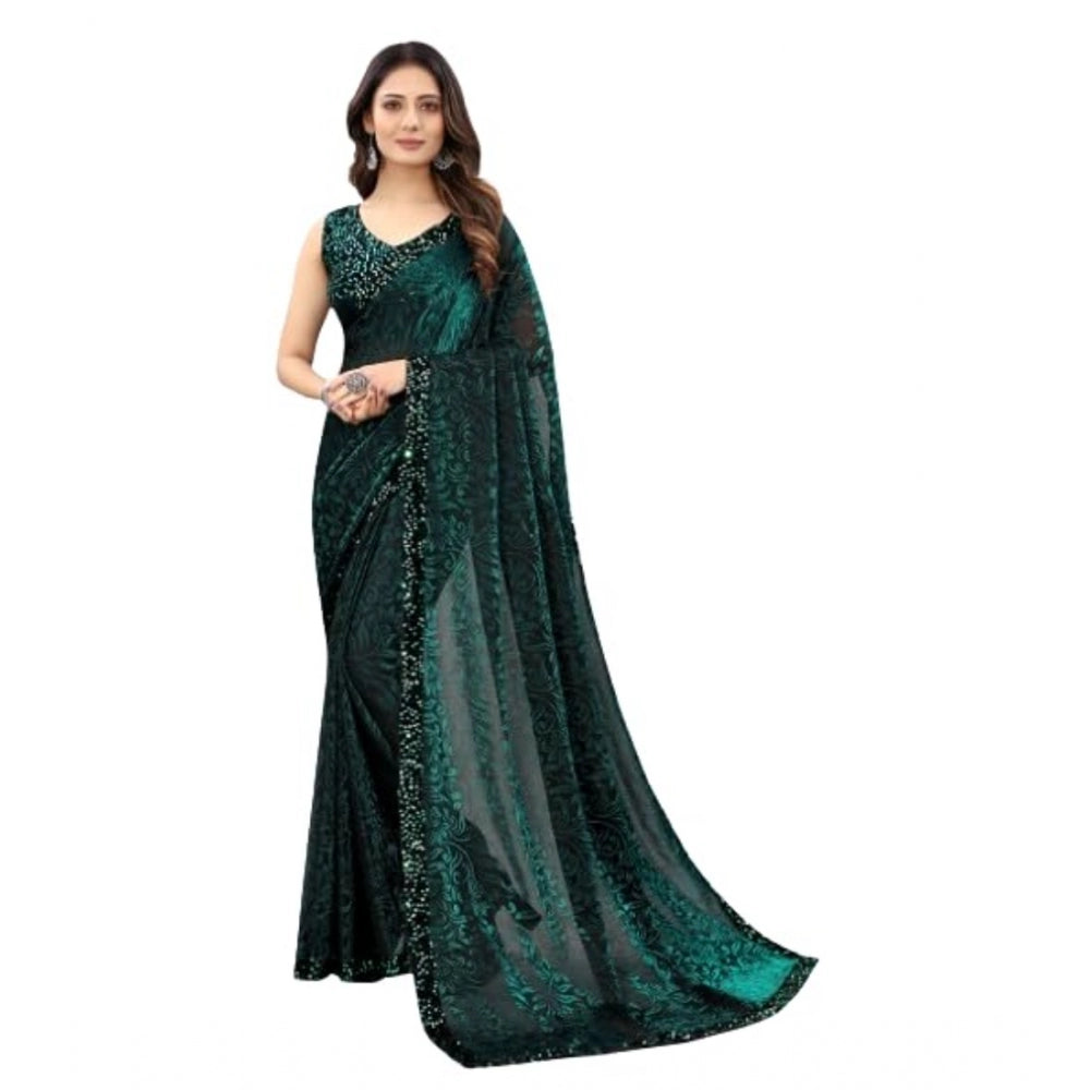 Women's Lycra Floral Saree With Unstitched Blouse (Green, 5.5 Mtr) - GillKart