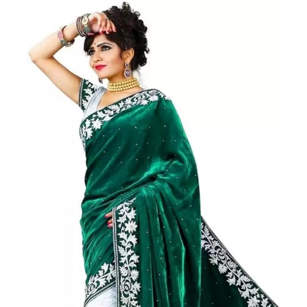 Women's Velvet Embroidered Saree With Unstitched Blouse (Green, 5.5 Mtr) - GillKart