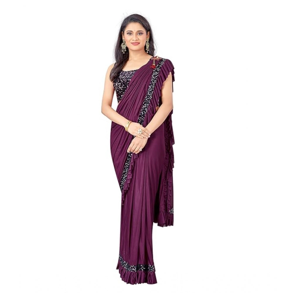 Women's Lycra Solid Saree With Unstitched Blouse (Wine, 5.5 Mtr) - GillKart