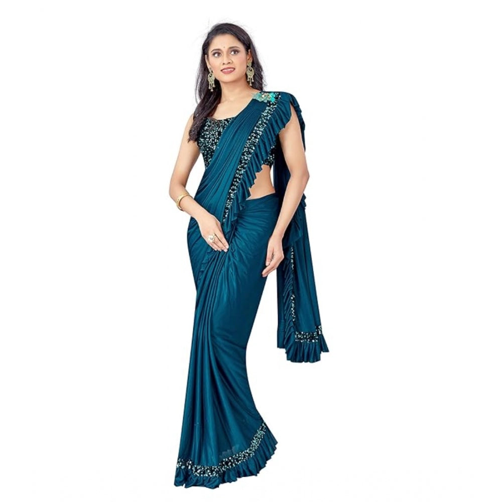 Women's Lycra Solid Saree With Unstitched Blouse (Rama, 5.5 Mtr) - GillKart