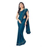 Women's Lycra Solid Saree With Unstitched Blouse (Rama, 5.5 Mtr) - GillKart