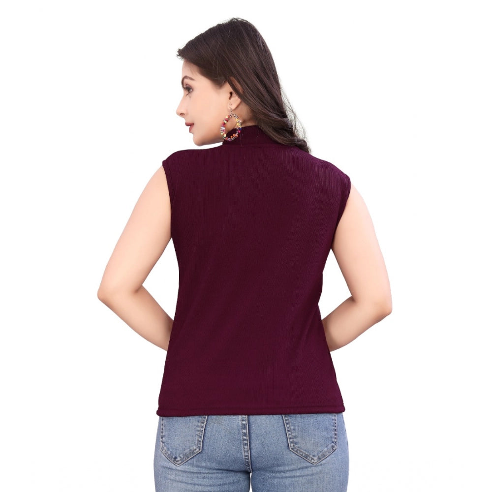 Women's Casual Sleeveless Cotton Blend High Neck Top (Maroon)