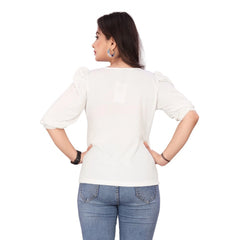 Women's Casual Puff Sleeves Lycra Blend Asymmetric Neck Top (White)