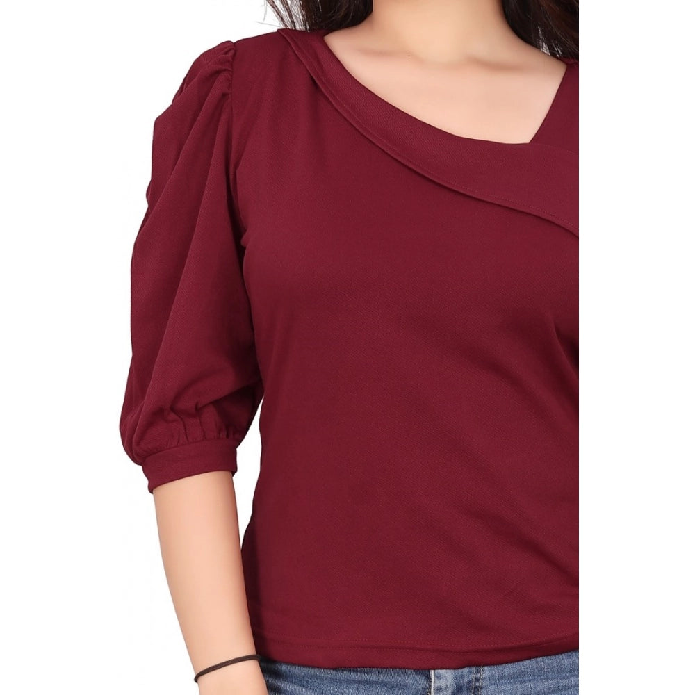 Women's Casual Puff Sleeves Lycra Blend Asymmetric Neck Top (Maroon)