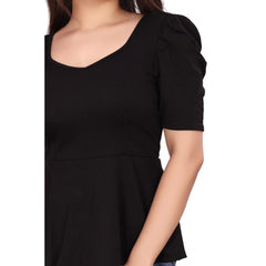 Women's Casual Puff Sleeves Lycra Blend Sweetheart Neck Top (Black)