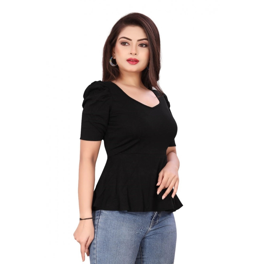 Women's Casual Puff Sleeves Lycra Blend Sweetheart Neck Top (Black)