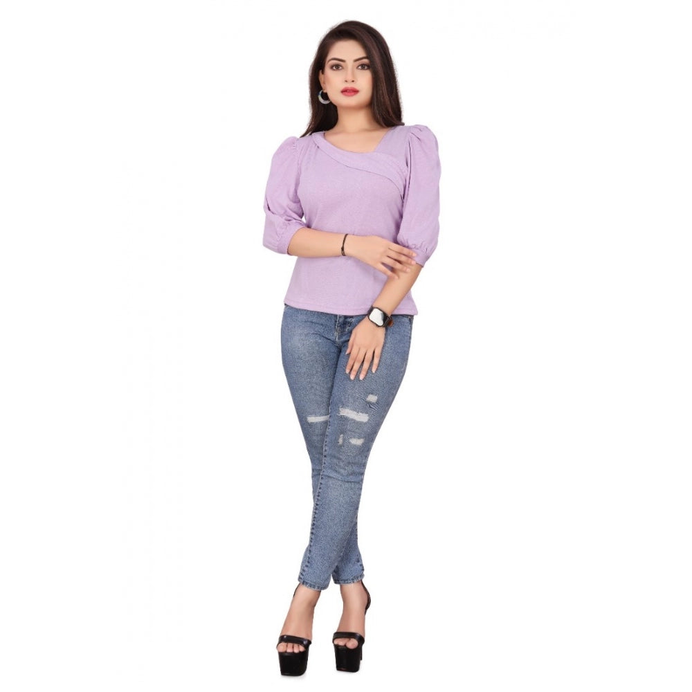 Women's Casual Puff Sleeves Lycra Blend Asymmetric Neck Top (Lavendar)